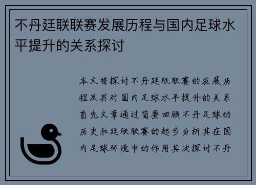 不丹廷联联赛发展历程与国内足球水平提升的关系探讨