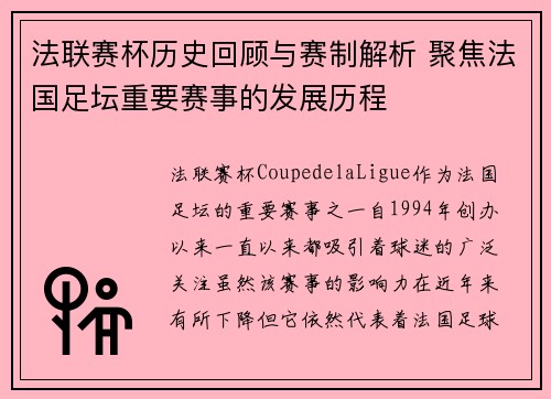 法联赛杯历史回顾与赛制解析 聚焦法国足坛重要赛事的发展历程